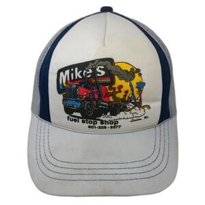 GA Headwear Trucker Hat White Blue OSFM Mike's Fuel Stop Shop Utah Semi Truck
